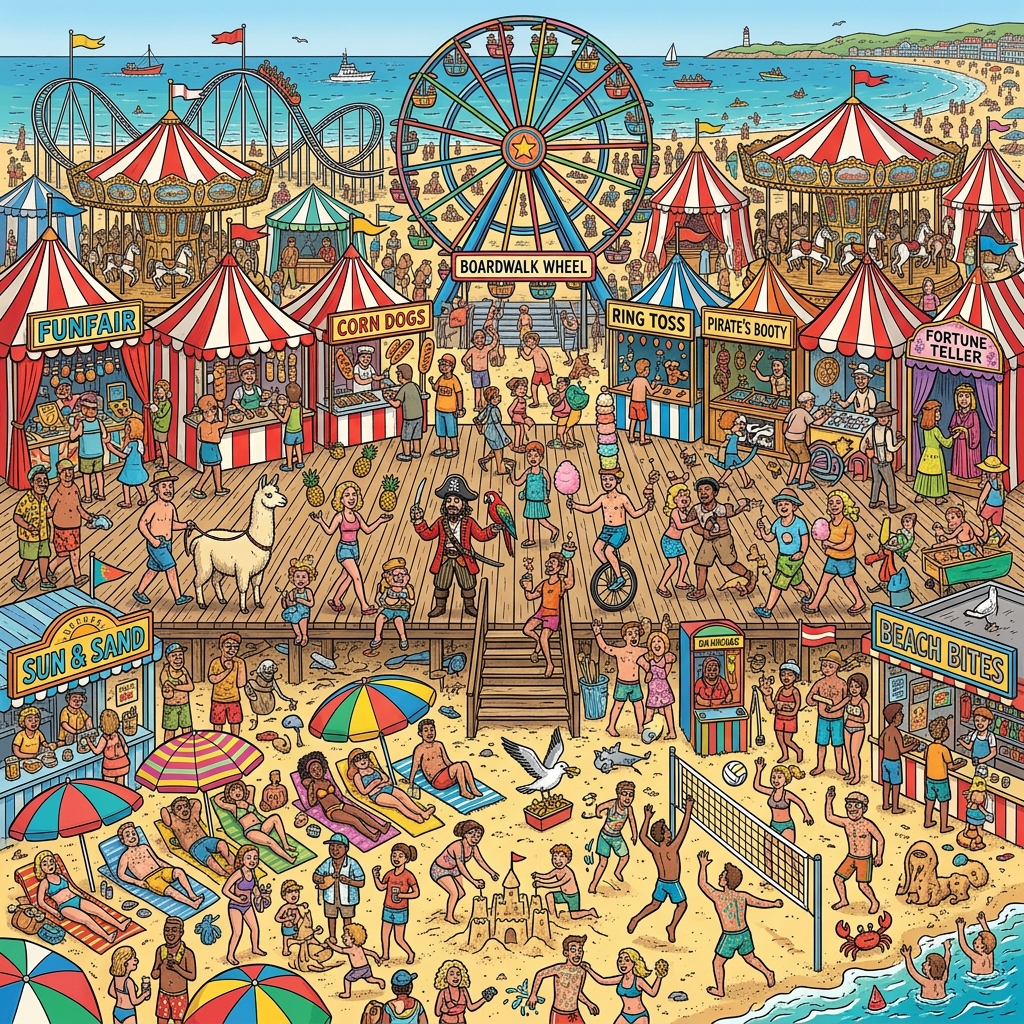 Where's Waldo Search and Find Beach Boardwalk Scene
